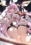  1girl bare_legs bare_shoulders bell blush bow_(music) breasts diamond-shaped_pupils diamond_(shape) elysia_(honkai_impact) from_below gloves hair_between_eyes hair_intakes holding holding_instrument honkai_(series) honkai_impact_3rd instrument large_breasts long_hair open_mouth pink_hair pointy_ears purple_eyes reaching_out sideless_outfit symbol-shaped_pupils thighs very_long_hair vierzeck violin wings 