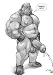  2021 anthro ape balls big_penis bodily_fluids dialogue english_text foreskin genital_fluids genitals gorilla greyscale hands_on_hips haplorhine hi_res huge_penis humanoid_genitalia looking_at_viewer male mammal markwulfgar monochrome musclegut muscular nipple_piercing nipples nude pecs peeing penis piercing prehensile_feet primate simple_background smile smiling_at_viewer solo tattoo text tusks urine urine_stream watersports 