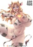  1girl anal anal_object_insertion animal_ears animal_print bikini blonde_hair blue_eyes breasts character_request copyright_request cow_ears cow_horns cow_print ear_tag fake_animal_ears fake_tail heart heart_hands highres hip_bones horns huge_breasts naidong_(artist) navel object_insertion patreon_username solo standing standing_on_one_leg swimsuit tail thong_bikini toned white_background 