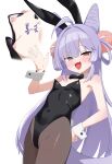  1girl absurdres ahoge alternate_costume animal_ears black_bow black_bowtie black_hiphighs black_leotard blush bow bowtie breasts brown_eyes commentary_request cone_hair_bun covered_navel cowboy_shot detached_collar double_bun fake_animal_ears fang grey_eyes hair_bun hair_ornament hair_rings hand_on_own_hip hand_up heterochromia highres hiphighs korean_commentary leotard long_hair looking_at_viewer multiple_views nipples open_mouth playboy_bunny pom_pom_(clothes) pom_pom_hair_ornament purple_hair rabbit_ears remono small_breasts smile stellive strapless strapless_leotard tenko_shibuki very_long_hair virtual_youtuber waving white_wrist_cuffs wispy_bangs wrist_cuffs 
