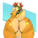 2022 absurd_res amber_eyes anthro armband artist_name balls big_butt blue_background blush bowser butt clenched_teeth collar derickk76 digital_media_(artwork) genitals green_body green_scales hair hi_res horn koopa looking_at_viewer looking_back looking_back_at_viewer male mario_bros nintendo perineum presenting presenting_hindquarters rear_view red_hair scales scalie sharp_teeth shell simple_background smile solo spiked_armband spiked_collar spiked_shell spikes spikes_(anatomy) standing teeth video_games white_background wide_hips yellow_body yellow_scales 