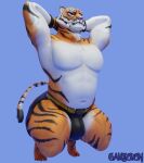 3d_(artwork) 5_toes anthro black_clothing black_gloves black_handwear black_jockstrap black_tail_tip black_underwear blue_background bulge camseven clothing crouching digital_media_(artwork) dipstick_tail epic_games fangs featureless_chest feet felid fortnite fur fur_tuft gloves hands_behind_head handwear hi_res jockstrap male mammal markings mouth_closed multicolored_body multicolored_fur navel neck_tuft orange_body orange_fur oscar_(fortnite) pantherine pecs simple_background solo striped_body striped_fur striped_markings striped_tail stripes tail tail_markings teeth thick_thighs tiger toes tuft underwear white_body white_fur