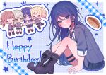  &gt;_&lt; 4girls :d alternate_hair_color blonde_hair blue_background blue_eyes blue_hair blush boots brown_hair chibi chibi_inset commentary diagonal-striped_clothes diagonal-striped_necktie gradient_hair green_eyes grey_hair grey_jacket grid_background happy_birthday highres hinomori_shiho hoshino_ichika_(project_sekai) jacket leo/need_(project_sekai) long_hair looking_at_viewer low_side_ponytail mochizuki_honami mu_ri003 multicolored_hair multiple_girls necktie notice_lines pink_hair pleated_skirt project_sekai short_hair skirt smile star_(symbol) striped_clothes sweatdrop tenma_saki thigh_strap twintails yakisobapan 