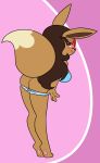  4_fingers anthro big_breasts big_ears blue_bra blue_clothing blue_panties blue_underwear blush bottomwear bra breasts brown_body brown_hair butt clothing dativyrose digital_media_(artwork) eevee eyebrows eyewear feet female fingers fluffy fluffy_tail full-length_portrait fur generation_1_pokemon glasses hair hi_res ivee_rose long_hair looking_at_viewer looking_back narrowed_eyes nintendo panties pattern_bottomwear pattern_clothing pattern_panties pattern_underwear pokemon pokemon_(species) pokemorph portrait purple_eyes raised_eyebrow rear_view seductive simple_background smile solo standing striped_clothing stripes teeth thick_thighs toes topwear tuft underwear undressing video_games 