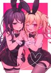  2girls :d animal_ears black_dress black_hair black_thighhighs blonde_hair blue_eyes blush bow bowtie commentary detached_collar dress fake_animal_ears gradient_hair heart highres holding_hands hoshino_ichika_(project_sekai) long_hair mu_ri003 multicolored_hair multiple_girls pink_background pink_eyes pink_hair playboy_bunny pleated_skirt project_sekai rabbit_ears simple_background skirt smile sweatdrop tenma_saki thighhighs twintails wavy_eyes winking_(animated) wrist_cuffs 