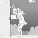 ambiguous_gender angel_(paddle-boat) anthro bladder_bulge blush blush_lines bodily_fluids clothing costume cross cross_necklace deer dialogue digital_drawing_(artwork) digital_media_(artwork) door english_description english_text genital_fluids halo hand_on_crotch hi_res jewelry knock-kneed leaking_urine male_(lore) mammal necklace omorashi outside overalls paddle-boat restricted_palette solo speech_bubble standing text time urine