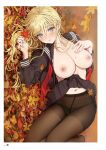  1girl absurdres ameyame autumn autumn_leaves bangs black_pantyhose black_sailor_collar black_serafuku black_shirt black_skirt blonde_hair blue_eyes blush border breasts breasts_out cleavage clothes_lift collarbone crotch_seam crotchless crotchless_panties dutch_angle ear_blush eyes_visible_through_hair falling_leaves green_panties hair_spread_out hand_on_own_chest highres holding holding_leaf large_breasts leaf long_hair long_sleeves looking_at_viewer lying maple_leaf melonbooks messy_hair midriff mole mole_on_breast navel neckerchief nipples no_bra non-web_source on_back on_ground on_side open_clothes open_shirt original outdoors panties panties_under_pantyhose pantyhose parted_lips pleated_skirt red_neckerchief sailor_collar school_uniform serafuku shirt shirt_lift skirt skirt_lift solo stomach thighband_pantyhose underwear white_border 