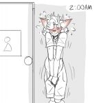 ambiguous_gender angel_(paddle-boat) anthro bathroom bathroom_denial bladder_bulge blush blush_lines bodily_fluids clothing costume cross cross_necklace deer digital_drawing_(artwork) digital_media_(artwork) english_description genital_fluids hand_on_crotch hi_res jewelry knock-kneed leaking_urine male_(lore) mammal necklace omorashi overalls paddle-boat restricted_palette solo time urine