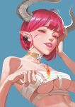  1girl absurdres bangs blue_background breasts chest_sarashi choker dragon_horns facepaint fire grin highres horns hyeonjong8 medium_breasts original red_eyes red_hair sarashi short_hair simple_background slit_pupils smile solo upper_body yellow_choker 