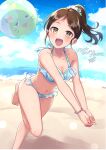  1girl :d ayase_honoka ball bangs bare_arms bare_legs barefoot beach beach_volleyball beachball bikini blue_bikini blush bracelet breasts brown_hair cleavage collarbone commission day floating_hair frilled_bikini frills hair_ornament hair_scrunchie halterneck highres idolmaster idolmaster_cinderella_girls jewelry kishinaito leg_up long_hair medium_breasts outdoors parted_bangs ponytail scrunchie shiny shiny_hair skeb_commission smile solo summer swimsuit yellow_eyes 