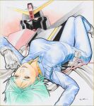  1girl aqua_hair blue_bodysuit bodysuit breasts cable closed_mouth commentary four_murasame gloves gundam highres ikeda_kazuhiro knees_up large_breasts light_smile looking_at_viewer lying mecha mecha_pilot_suit mobile_suit normal_suit_(gundam) on_back psycho_gundam red_eyes robot science_fiction signature skin_tight spacesuit tube white_gloves zeta_gundam 