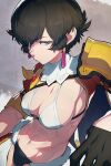  1girl abs armor bangs black_hair bra breasts brown_hair dangle_earrings earrings fiorayne_(monster_hunter) hair_between_eyes hata4564 highres jewelry large_breasts looking_at_viewer monster_hunter_(series) monster_hunter_rise muscular muscular_female purple_eyes short_hair solo underwear 