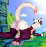  absurd_res anthro anus armwear backsack balls bodily_fluids butt clothing dragon drooling eyes_closed fur furred_dragon genitals girly hi_res huge_filesize legwear male penis pink_body pink_fur pink_penis presenting presenting_anus raised_tail rear_view sae(oc) saliva sky solo uvfox white_body white_fur 