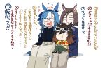  3girls admire_groove_(umamusume) ahoge air_groove_(umamusume) alternate_costume animal_ears blue_hair brown_hair commentary_request duramente_(umamusume) highres horse_ears horse_girl jichou_senshi long_hair mole mole_under_mouth multicolored_hair multiple_girls short_hair sitting sitting_on_lap sitting_on_person translation_request umamusume white_hair 