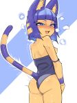 2025 absurd_res animal_crossing ankha_(animal_crossing) anthro arrax blue_eyes blue_hair blush bob_cut breasts breath butt clothed clothing clothing_aside domestic_cat fangs felid feline felis female fur genitals hair hi_res impact_lines inner_ear_fluff looking_at_viewer looking_back mammal markings medium_hair nintendo nipples off_shoulder one-piece_swimsuit open_mouth portrait shaking small_breasts smile solo striped_markings striped_tail stripes swimwear swimwear_aside tail tail_markings teeth thick_thighs three-quarter_portrait tongue tuft vulva yellow_body yellow_fur