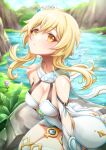  1girl bare_shoulders blonde_hair boulder breasts cleavage collar detached_sleeves dress flower genshin_impact gold_trim hair_between_eyes highres large_breasts leaning_forward long_hair looking_at_viewer lumine_(genshin_impact) orange_eyes outdoors royboy short_hair_with_long_locks sidelocks sitting swimsuit swimsuit_under_clothes thighhighs water white_sleeves zettai_ryouiki 