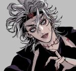  birthmark bishounen dio_brando earrings eyelashes fingernails grey_background grey_eyes grey_hair heart_headband jewelry joestar_birthmark jojo_no_kimyou_na_bouken llllll2b long_fingernails male_focus medium_hair messy_hair portrait red_nails slit_pupils solo stardust_crusaders stitched_neck stitches 
