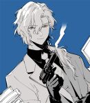  1boy alternate_hairstyle blue_background closed_mouth collared_shirt fate/grand_order fate_(series) finger_on_trigger gloves gun hair_between_eyes hair_over_shoulder hand_up handgun holding holding_gun holding_weapon jacket long_hair long_sleeves looking_at_viewer low_ponytail m-tobiei male_focus marisbury_animusphere monochrome necktie parted_bangs ponytail shirt simple_background smile smoke smoking_barrel solo spot_color suit tie_clip upper_body weapon yellow_eyes 