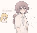  ... 2girls bangs blonde_hair brown_eyes brown_hair chibi coat english_text grey_eyes grey_necktie key long_hair multiple_girls myajou9 necktie nervous nichijou professor_shinonome shinonome_nano short_hair simple_background speech_bubble sweatdrop talking tears white_coat 