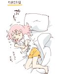  &gt;_&lt; 1girl barefoot blush_stickers closed_eyes closed_mouth full_body hair_down hashtag-only_commentary highres lying namori on_bed on_side pillow pink_hair shirt short_hair short_sleeves shorts simple_background sneezing solo translation_request white_background white_shirt yellow_shorts yoshikawa_chinatsu yuruyuri 