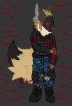  aceytango anthro axe blood bodily_fluids boots brown_body clothing digital_media_(artwork) footwear fur gore hi_res hoodie hyaenid johmn knee_pads machine male mammal melee_weapon plate_carrier protogen red_eyes screen screen_face simple_background smile solo spotted_hyena topwear weapon 