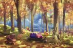  autumn_leaves character_request closed_eyes day forest gooey_(kirby) highres kirby kirby_(series) long_tongue looking_at_another looking_away nature open_mouth outdoors parted_lips revision sleeping smile suyasuyabi tongue tree 