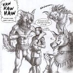  0laffson anthro bottomwear canid canine clothing dialogue duo hi_res human hybrid leash loincloth male mammal maned_wolf monochrome traditional_media_(artwork) 