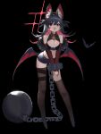  1girl :d absurdres animal_ear_fluff animal_ears bangs bare_shoulders bat_(animal) bat_ears bat_girl bat_wings black_background black_hair black_thighhighs breasts cleavage colored_inner_hair detached_sleeves fangs highres large_breasts leaning_forward long_hair multicolored_hair navel open_mouth original own_hands_together red_hair shorts simple_background smile solo takaha4_mei teeth thighhighs wings 