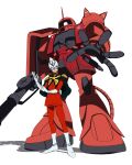  1boy adjusting_clothes adjusting_gloves black_capelet blonde_hair boots capelet char_aznable closed_mouth epaulettes facing_viewer full_body gloves gun gundam helmet highres holding holding_gun holding_weapon horns jacket long_sleeves male_focus mask mecha military_jacket military_uniform mobile_suit mobile_suit_gundam one-eyed outstretched_arm pants popo92_z red_eyes red_jacket red_pants robot science_fiction shadow shoulder_spikes simple_background single_horn smile spikes standing weapon white_background white_boots white_gloves zaku_ii_s_char_custom zeon 