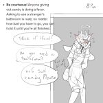 angel_(paddle-boat) anthro bathroom_denial bladder_bulge blush blush_lines bulge clothing costume cross cross_necklace deer dialogue digital_drawing_(artwork) digital_media_(artwork) directional_arrow english_description english_text halloween halo hi_res holidays jewelry knock-kneed male mammal necklace offscreen_character omorashi overalls paddle-boat restricted_palette solo speech_bubble text time trick-or-treating