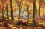  autumn_leaves character_request closed_eyes day forest gooey_(kirby) highres kirby kirby_(series) long_tongue looking_at_another looking_away nature open_mouth outdoors parted_lips sleeping smile suyasuyabi tongue tree 