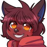  ambiguous_gender anthro blue_inner_ear canid canine chibi cute_expression fox foxxarie fur girly hair headshot_portrait humanoid low_res mammal messy_hair portrait red_body red_fur smile solo unknown_artist 