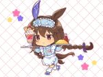  1girl :&lt; admire_vega_(umamusume) animal_ears apron blue_jacket brown_hair chibi chibi_only closed_mouth commentary_request cup drinking_glass ear_covers food frilled_apron frills full_body grid_background holding holding_tray horse_ears horse_girl horse_tail jacket jersey_maid ketchup_bottle long_hair long_sleeves maid name_tag nnmkmwakaranai omelet omurice outline parfait pink_outline roller_skates shoes single_ear_cover skates sleep_mask socks solo standing standing_on_one_leg star_(symbol) tail track_jacket tray umamusume unconventional_maid v-shaped_eyebrows white_apron white_background white_shoes white_socks 