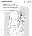 ambiguous_gender angel_(paddle-boat) anthro bladder_bulge blush blush_lines clothing costume cross cross_necklace deer digital_drawing_(artwork) digital_media_(artwork) duo english_description english_text felid halo hand_on_crotch hi_res jewelry knock-kneed male male_(lore) mammal necklace omorashi overalls paddle-boat pantherine restricted_palette text time