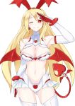  1girl aged_up alternate_costume bare_shoulders blonde_hair bow breasts cleavage demon_girl demon_tail disgaea earrings elbow_gloves fang flonne flonne_(fallen_angel) gloves hair_bow heart heart_earrings highres jewelry large_breasts long_hair looking_at_viewer makai_senki_disgaea microskirt navel neptune_(series) one_eye_closed paid_reward_available pointy_ears power_symbol red_eyes revealing_clothes ribbon salute simple_background skindentation skirt solo symbol-shaped_pupils tail thighhighs very_long_hair white_background white_thighhighs zatsu 