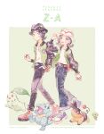  1boy 1girl bell-bottoms belt black_hair black_hat black_pants blue_belt blue_pants breasts brown_eyes brown_hair chikorita closed_mouth fangs green_jacket harmony_(pokemon) hat holding holding_poke_ball jacket leaf long_sleeves mega_ring open_clothes open_jacket open_mouth pants paxton_(pokemon) poke_ball poke_ball_(basic) pokemon pokemon_(creature) pokemon_legends:_z-a red_eyes ribbed_socks ryokuno_green sharp_teeth shirt shoes short_hair smile socks starter_pokemon_trio striped_hat tail teeth tepig totodile white_hat white_shirt zygarde zygarde_core 
