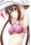  ! 1girl armpits arms_up bangs blue_eyes bow bra breasts brown_hair cleavage collarbone front-tie_bra hair_between_eyes highres ieneko_(axfjfal) long_hair open_mouth pink_bow pink_bra pokemon pokemon_(game) pokemon_bw2 rosa_(pokemon) shiny shiny_hair sideboob simple_background small_breasts solo twintails underwear undressing upper_body very_long_hair white_background 