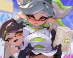  2girls ;d black_gloves black_hair blush body_writing breasts callie_(splatoon) clothes_lift cross-shaped_pupils cum_in_container cum_in_cup cup ear_piercing gloves grey_hair highres holding holding_cup lifted_by_another long_hair looking_at_another marie_(splatoon) medium_breasts mole mole_under_eye mug multiple_girls one_eye_closed open_mouth piercing pointy_ears reagan_long shirt shirt_lift short_eyebrows smile splatoon_(series) thick_eyebrows white_shirt yellow_eyes 