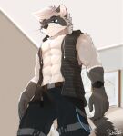  abs anthro black_body black_bottomwear black_clothing black_ears black_fur black_nose black_pants black_topwear blue_eyes bottomwear brown_belt clock clothed clothing front_view fur grey_body grey_fur grey_hair hair hi_res inside low-angle_view male mammal mouth_closed muscular muscular_anthro muscular_male narrowed_eyes pache_riggs pants pecs portrait procyonid raccoon signature solo standing three-quarter_portrait topwear watch whiskers white_body white_fur white_inner_ear wristwatch 