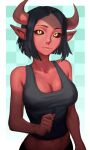  2022 black_hair black_sclera breasts cleavage clothed clothing crop_top demon female hair hi_res horn horned_humanoid humanoid humanoid_pointy_ears midriff not_furry pupils red_body red_skin shirt slit_pupils solo tank_top telepurte topwear yellow_eyes 