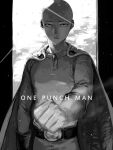  1boy bad_id bad_pixiv_id bald belt black_eyes bodysuit cape clenched_hand closed_mouth english_text gloves greyscale kurosuke_(nora) long_sleeves looking_at_viewer male_focus monochrome one-punch_man saitama_(one-punch_man) solo superhero_costume 