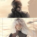  1boy 1girl absurdres black_eyes black_gloves black_hair black_shirt camera commentary day english_commentary floating_hair gloves hair_between_eyes hairband highres holding holding_camera logicsterrr looking_at_viewer nephis_(shadow_slave) one_eye_covered outdoors pov recording shadow_slave shirt short_hair smile sunny_(shadow_slave) taking_picture upper_body white_eyes white_hair wind 