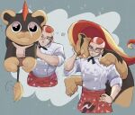  1boy animal_hug black_ribbon grisham_(pokemon) hand_on_own_hip highres litleo luxenstar male_focus multicolored_hair multiple_views pants pokemon pokemon_(creature) pokemon_legends:_z-a pyroar pyroar_(female) rectangular_eyewear red_pants ribbon shirt short_hair sideburns sparkle tongue tongue_out white_shirt 