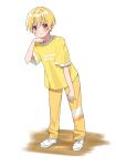  1boy blonde_hair blush closed_mouth clothes_writing commentary full_body hair_between_eyes hand_on_own_leg highres kai_(shell) male_focus orange_eyes pants root_(stpri) shirt shoes short_hair short_sleeves simple_background smile solo strawberry_prince sweat symbol-only_commentary white_background white_shoes wiping_sweat yellow_pants yellow_shirt 