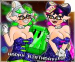  2girls alternate_breast_size_(larger) blush breast_press breasts callie_(splatoon) earrings english_text gem green_gemstone jewelry marie_(splatoon) multiple_girls oc_x_canon original pantyhose sideboob splatoon_(series) themightyemerald underboob 