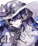  1girl black_flower black_hair blue_fire chinese_commentary claws commentary constance_(honkai:_star_rail) crack demon_girl demon_horns demon_tail dress fire flower gloves grey_background hashtag-only_commentary hat hat_flower head_tilt highres honkai:_star_rail honkai_(series) horns long_hair looking_at_viewer mole mole_under_eye multicolored_hair nekooooowo purple_eyes smile solo sun_hat tail two-tone_hair upper_body white_dress 
