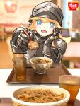  1girl armor blonde_hair blue_eyes blurry bowl colored_eyelashes commentary depth_of_field english_commentary gauntlets head_tilt helmet ironlily long_hair looking_at_viewer no_pupils open_mouth original perlweiss_(ironlily) photo_background plate_armor sukiya 