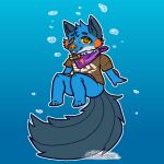 amphibian anthro badge big_tail blue_background blue_body blue_fur bottomless bottomless_male brown_clothing brown_shirt brown_topwear bubble canid canine canis chibi clothed clothing fin floating food fruit fur generation_3_pokemon gradient_background head_tuft hi_res hybrid male mammal nintendo orange_body orange_eyes orange_gills orange_nose orange_pawpads orange_scales pawpads persim_berry persim_scarf plant pokemon pokemon_(species) pokemon_berry pokemon_mystery_dungeon scales shirt simple_background smile solo spike_chunsoft splatoon stormiehills swampert tail tail_fin topwear tuft wolf xevy