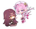  2girls absurdres beret black_dress brown_hair chibi chibi_only commentary diamond-shaped_pupils diamond_(shape) dress eden_(honkai_impact) elf elysia_(hi_love_elf)_(honkai_impact) elysia_(honkai_impact) hat highres honkai_(series) honkai_impact_3rd long_hair looking_at_another multicolored_hair multiple_girls pic_p_p pink_hair pointy_ears purple_eyes simple_background smile symbol-only_commentary symbol-shaped_pupils two-tone_hair very_long_hair white_background white_dress white_hair yellow_eyes yuri 