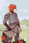 102032toffee ailurid anthro armor arrow_(weapon) biped black_body black_fur body_armor bow_(weapon) bracers building clothed clothed_anthro clothed_male clothing cloud detailed_background facial_markings fur grass green_eyes hair head_markings hi_res hill holding_arrow holding_bow_(weapon) holding_object holding_ranged_weapon holding_weapon knee_guards knee_pads male male_anthro mammal markings mask_(marking) plant ranged_weapon red_body red_fur red_hair red_panda ring_(marking) ringed_tail scale_armor shirt shoulder_guards sky snout solo standing striped_markings striped_tail stripes tail tail_markings topwear tunic weapon